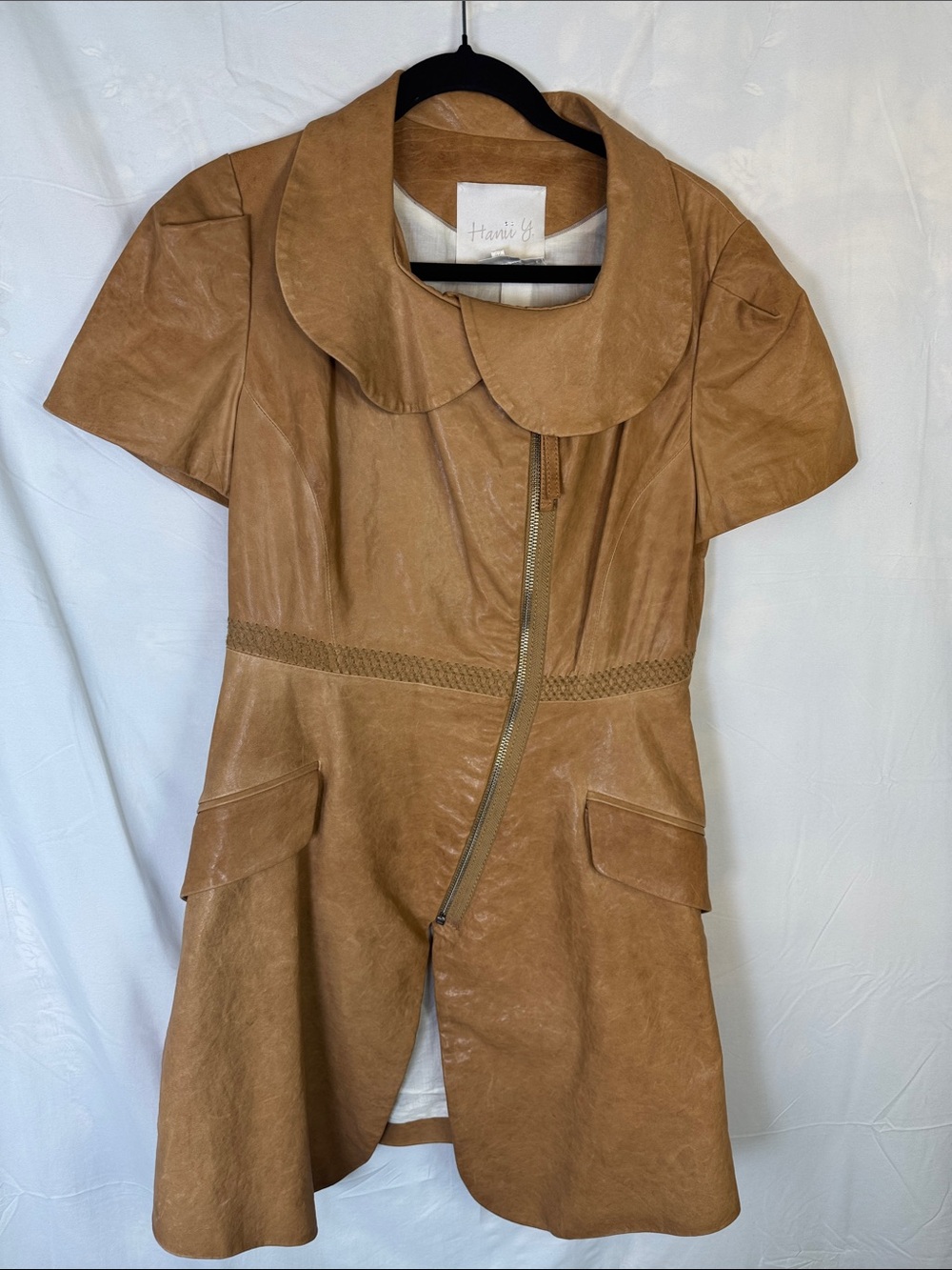 Hani Y Tan Sheepskin Leather Mini Dress with Braided Waist and Asymmetric Zip